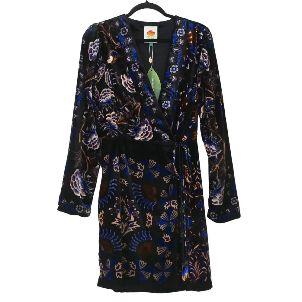 Farm Rio Arabesque Mix Scarves Wrap Velvet Mini Dress Size L - Picture 1 of 12